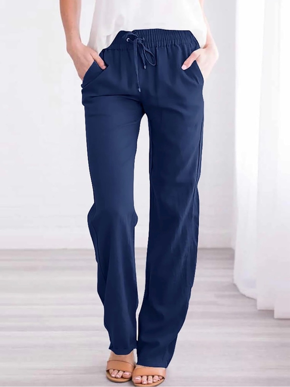 Drawstring Linen Pants in Navy